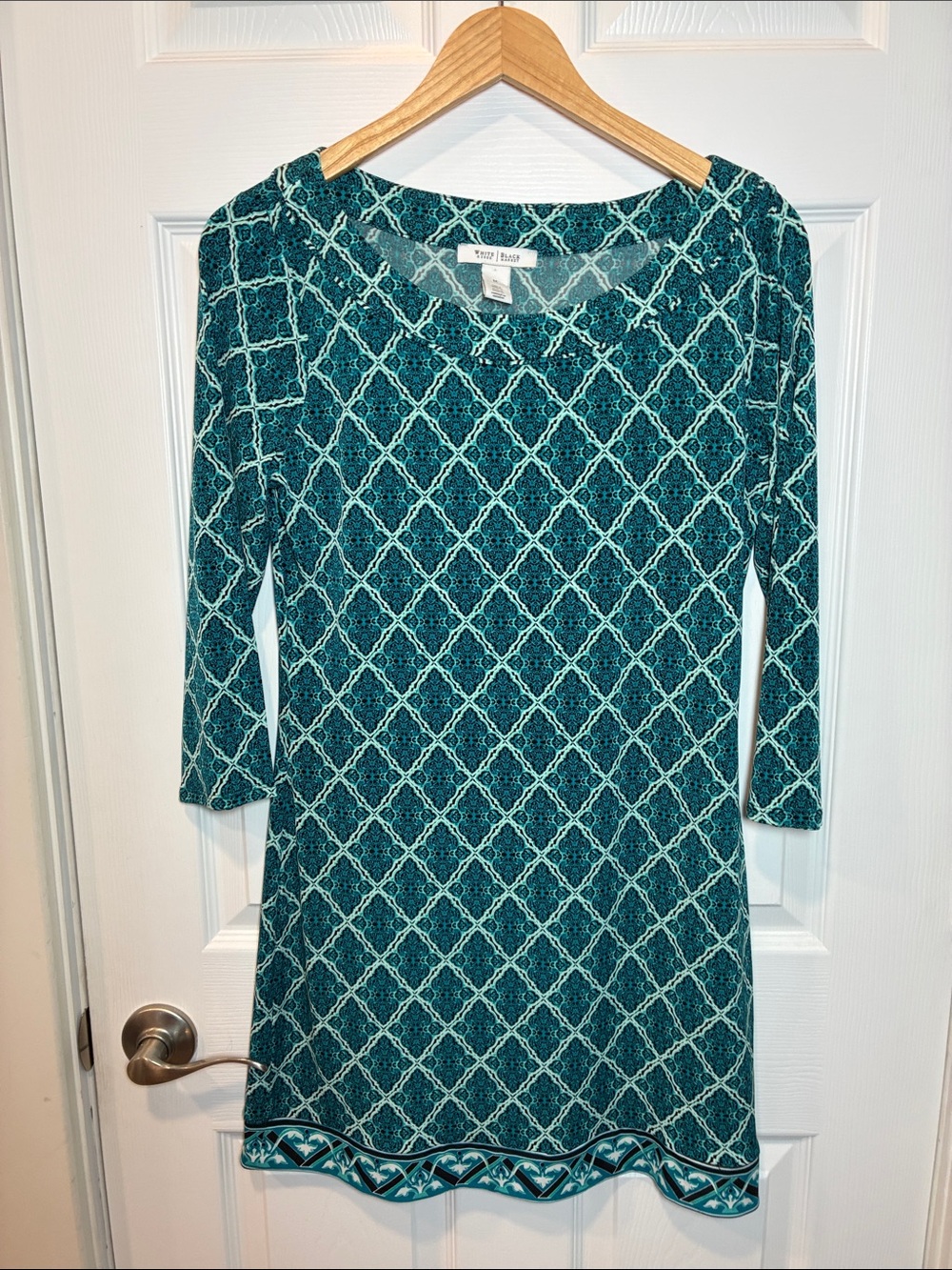 White House Black Market Teal Diamond-Print Long Sleeve Dress